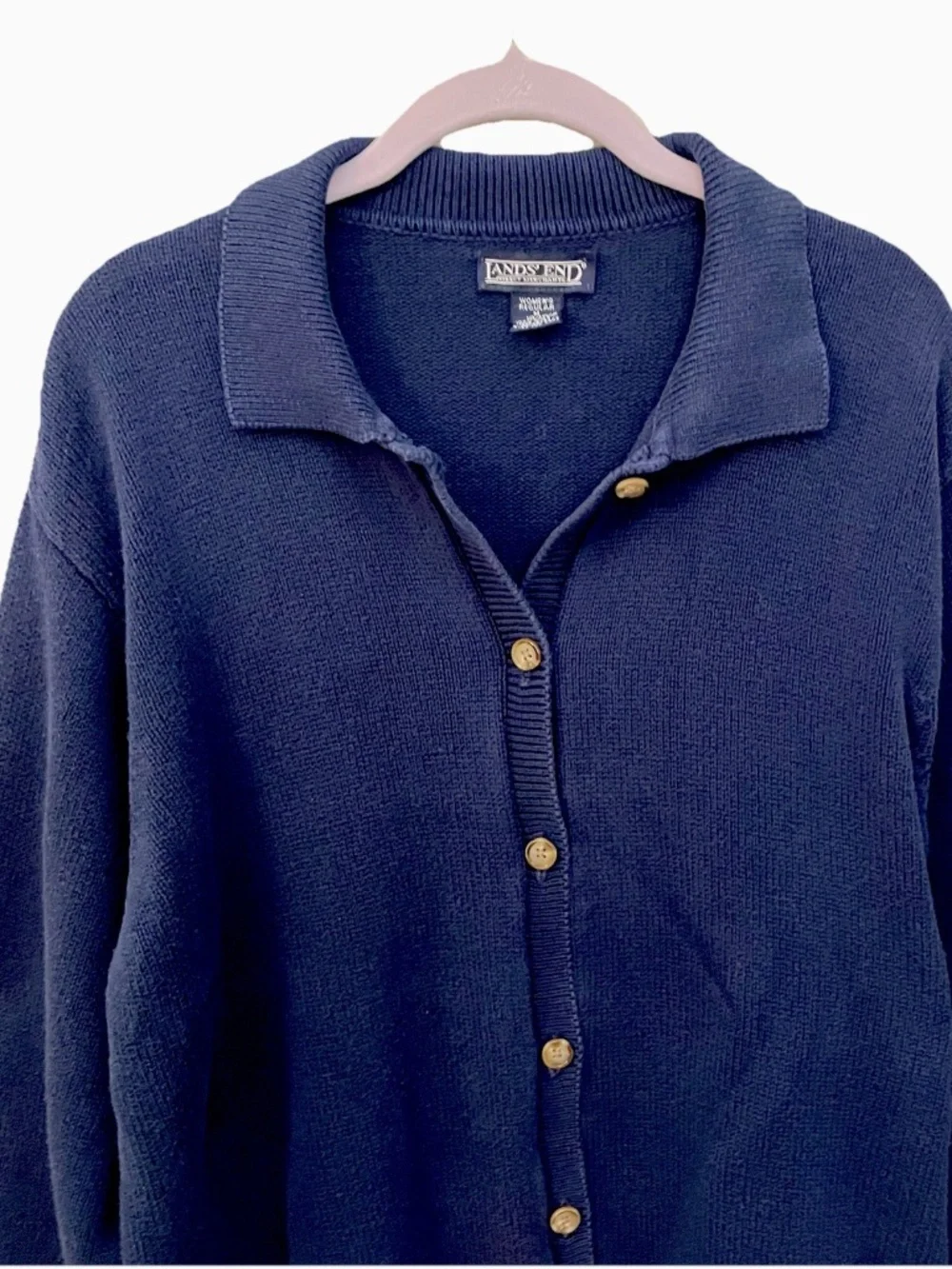 Lands' End  End Navy Cardigan Sweater Medium 100% Cotton Collar Oversized - Picture 4 of 10